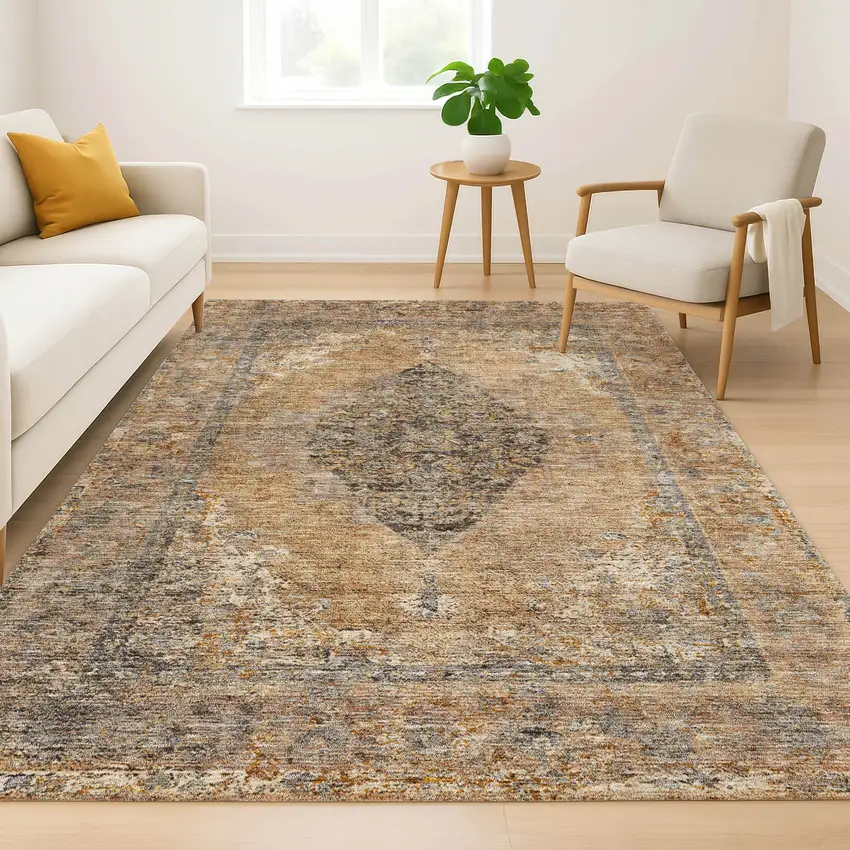 Copper And Brown Medallion Washable Area Rug With UV Protection Photo 5