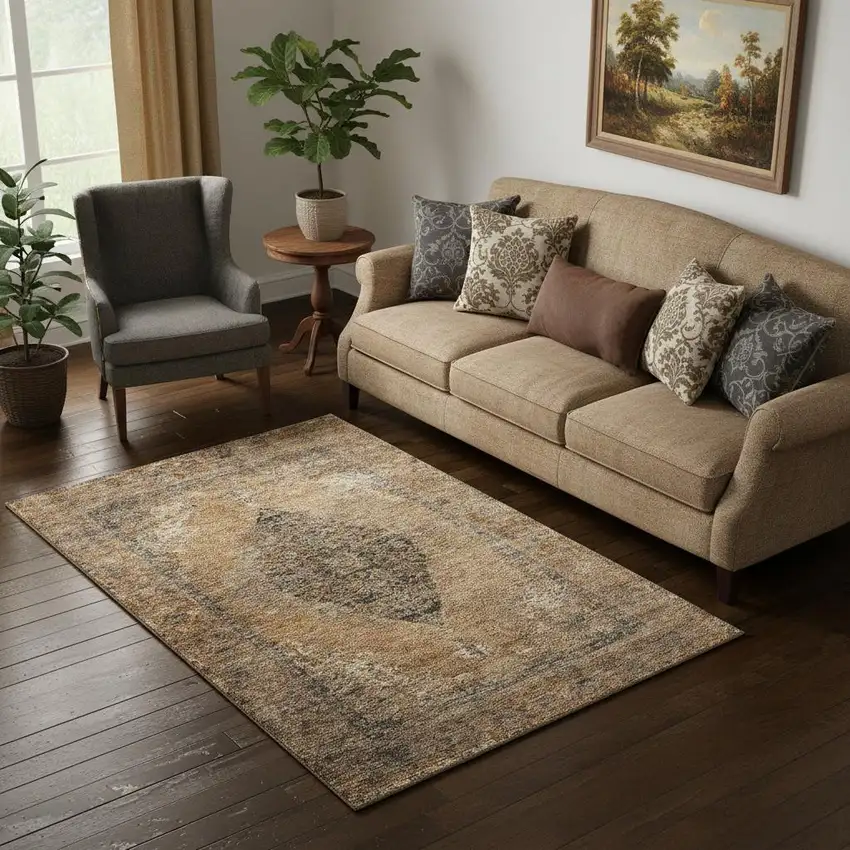 Copper And Brown Medallion Washable Area Rug With UV Protection Photo 2