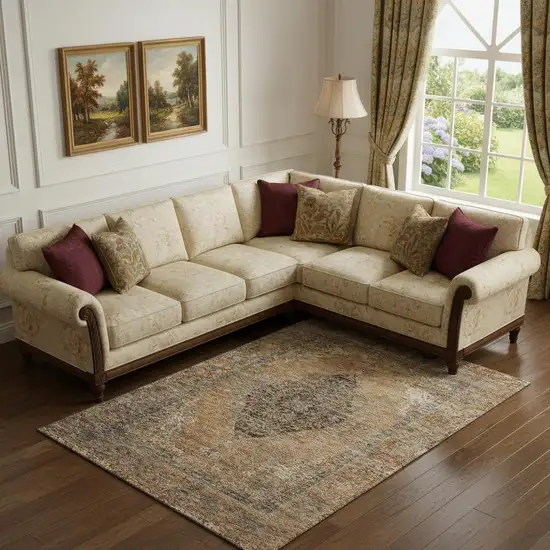 Copper And Brown Medallion Washable Area Rug With UV Protection Photo 2