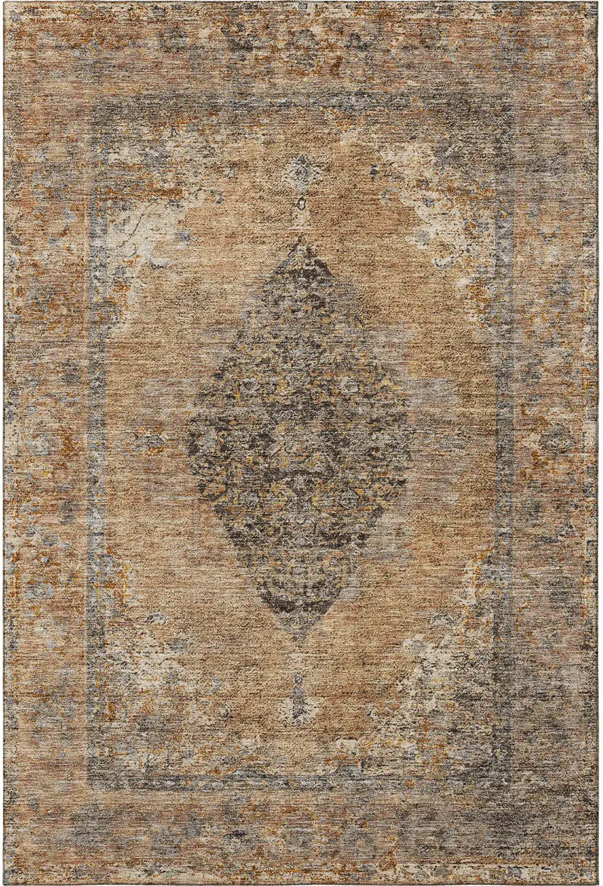 Copper And Brown Medallion Washable Area Rug With UV Protection Photo 3