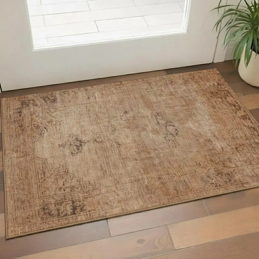 Copper And Brown Oriental Washable Area Rug With UV Protection Photo 1