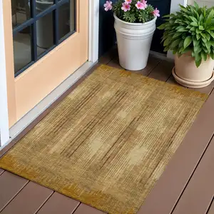 Photo of Copper And Brown Striped Washable Indoor Outdoor Area Rug