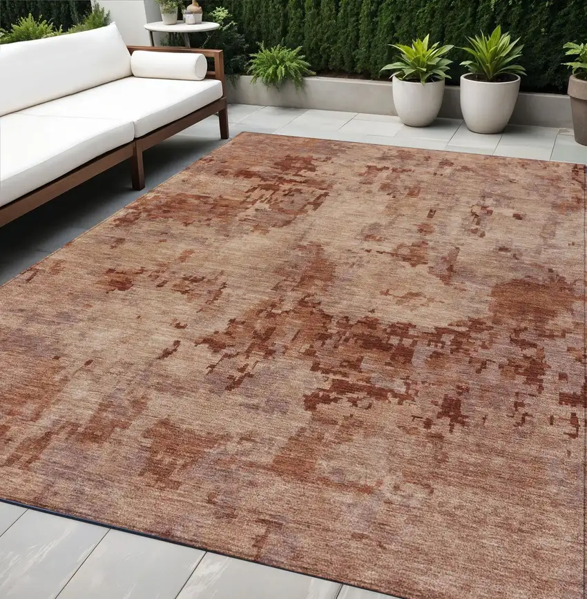 Copper And Coral Abstract Washable Indoor Outdoor Area Rug Photo 1