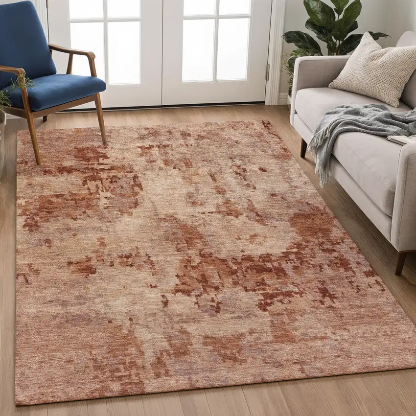Copper And Coral Abstract Washable Indoor Outdoor Area Rug Photo 5