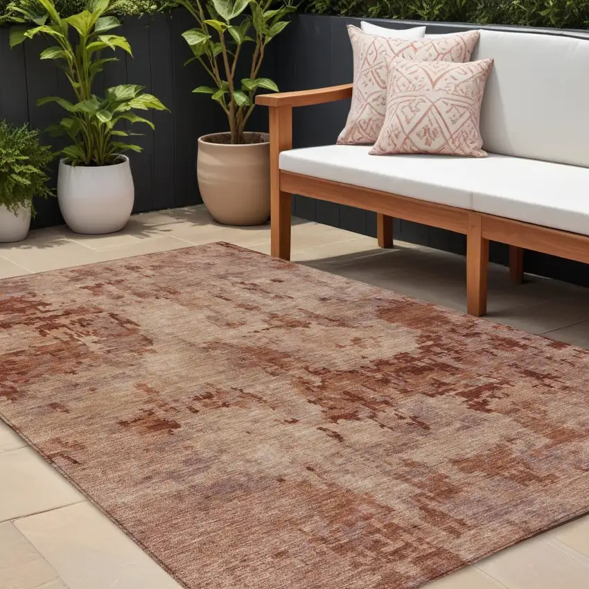 Copper And Coral Abstract Washable Indoor Outdoor Area Rug Photo 1