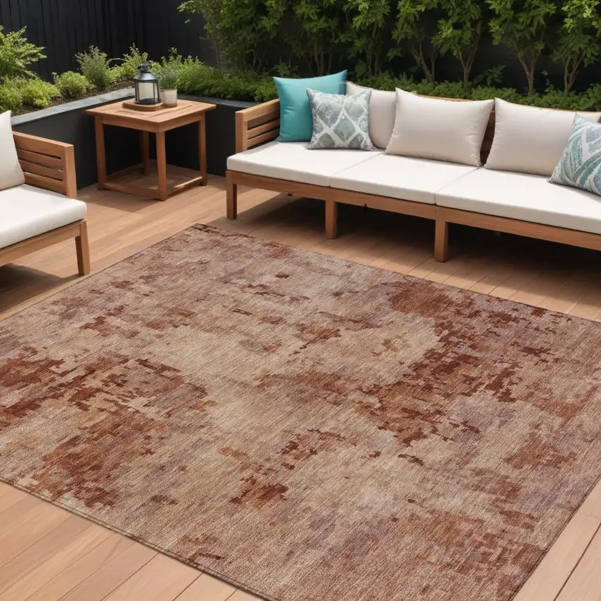 Copper And Coral Abstract Washable Indoor Outdoor Area Rug Photo 1
