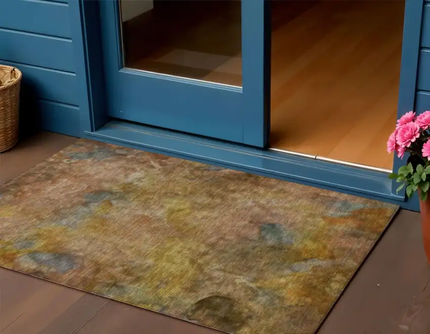 Copper And Gold Abstract Washable Indoor Outdoor Area Rug Photo 1