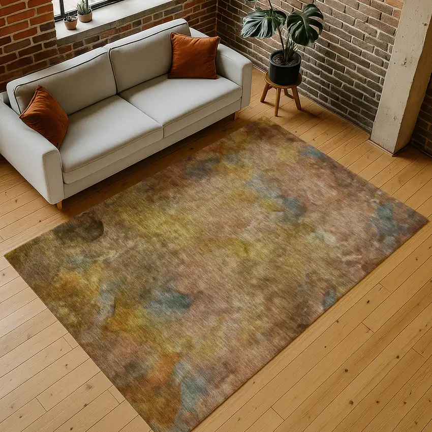 Copper And Gold Abstract Washable Indoor Outdoor Area Rug Photo 9