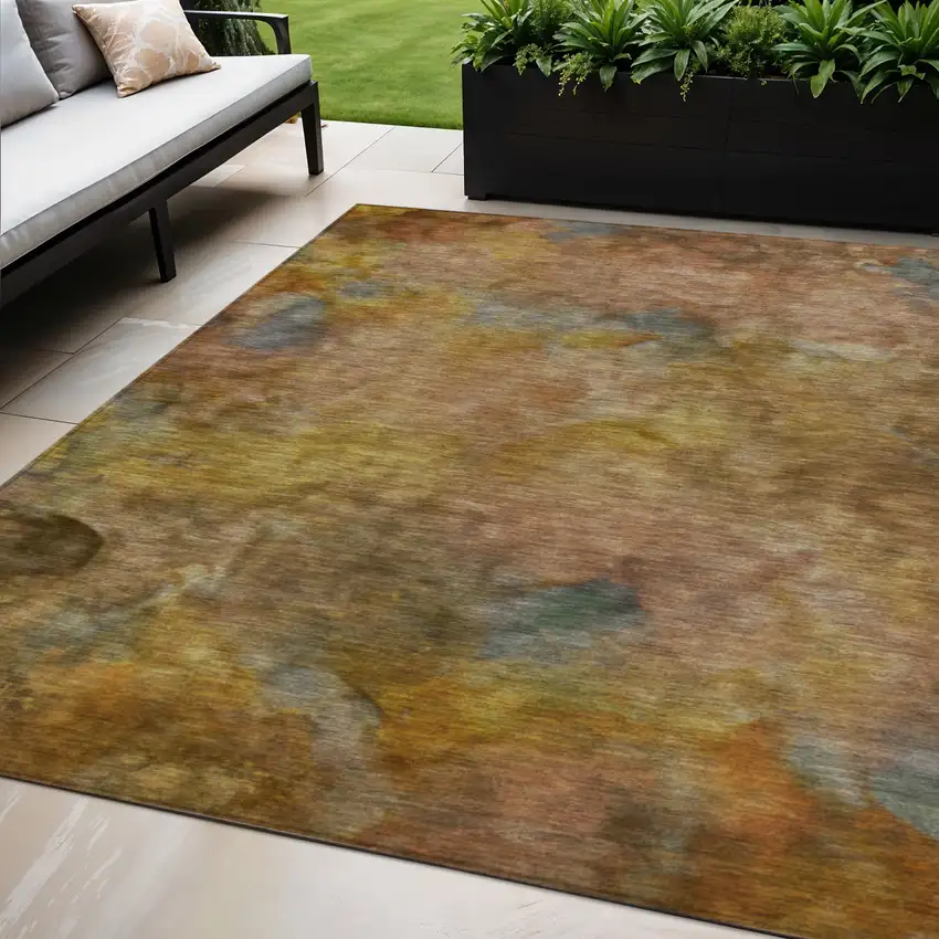 Copper And Gold Abstract Washable Indoor Outdoor Area Rug Photo 1