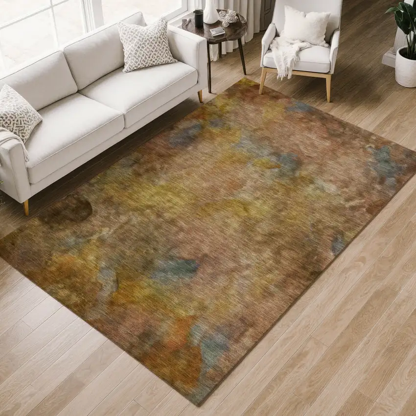 Copper And Gold Abstract Washable Indoor Outdoor Area Rug Photo 8