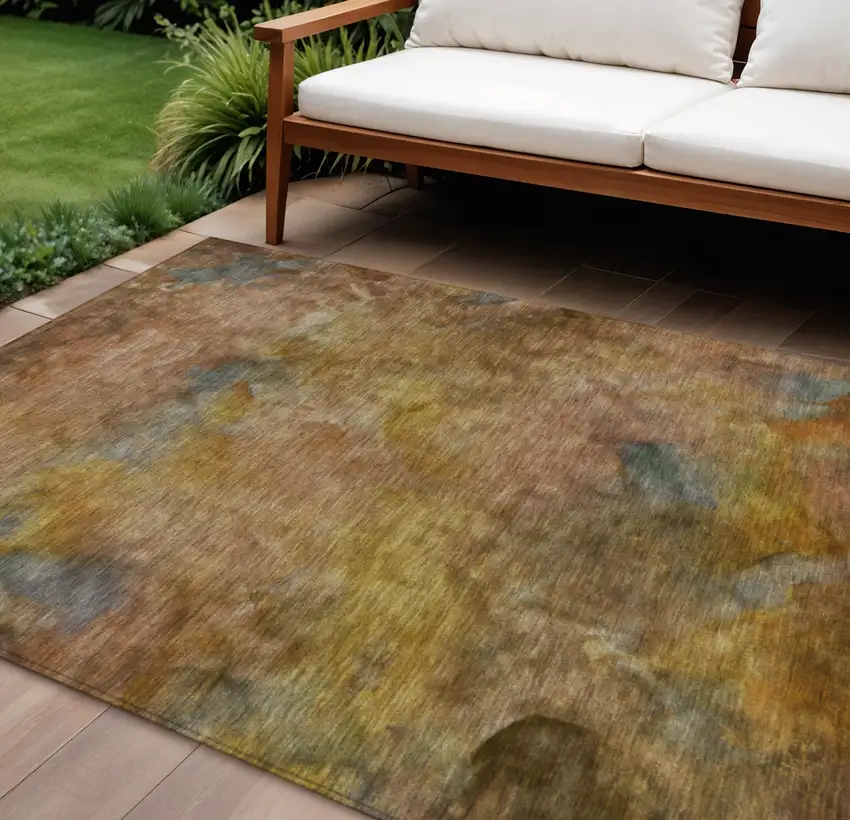 Copper And Gold Abstract Washable Indoor Outdoor Area Rug Photo 1