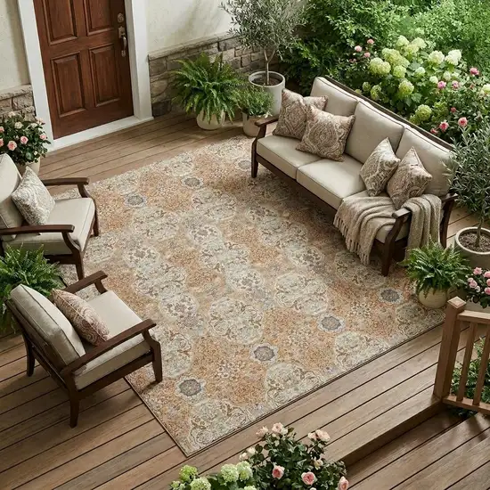 Copper And Gold Floral Washable Indoor Outdoor Area Rug Photo 1