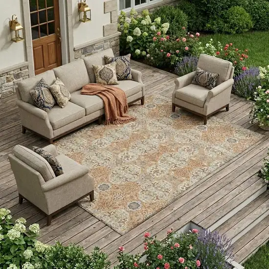 Copper And Gold Floral Washable Indoor Outdoor Area Rug Photo 1