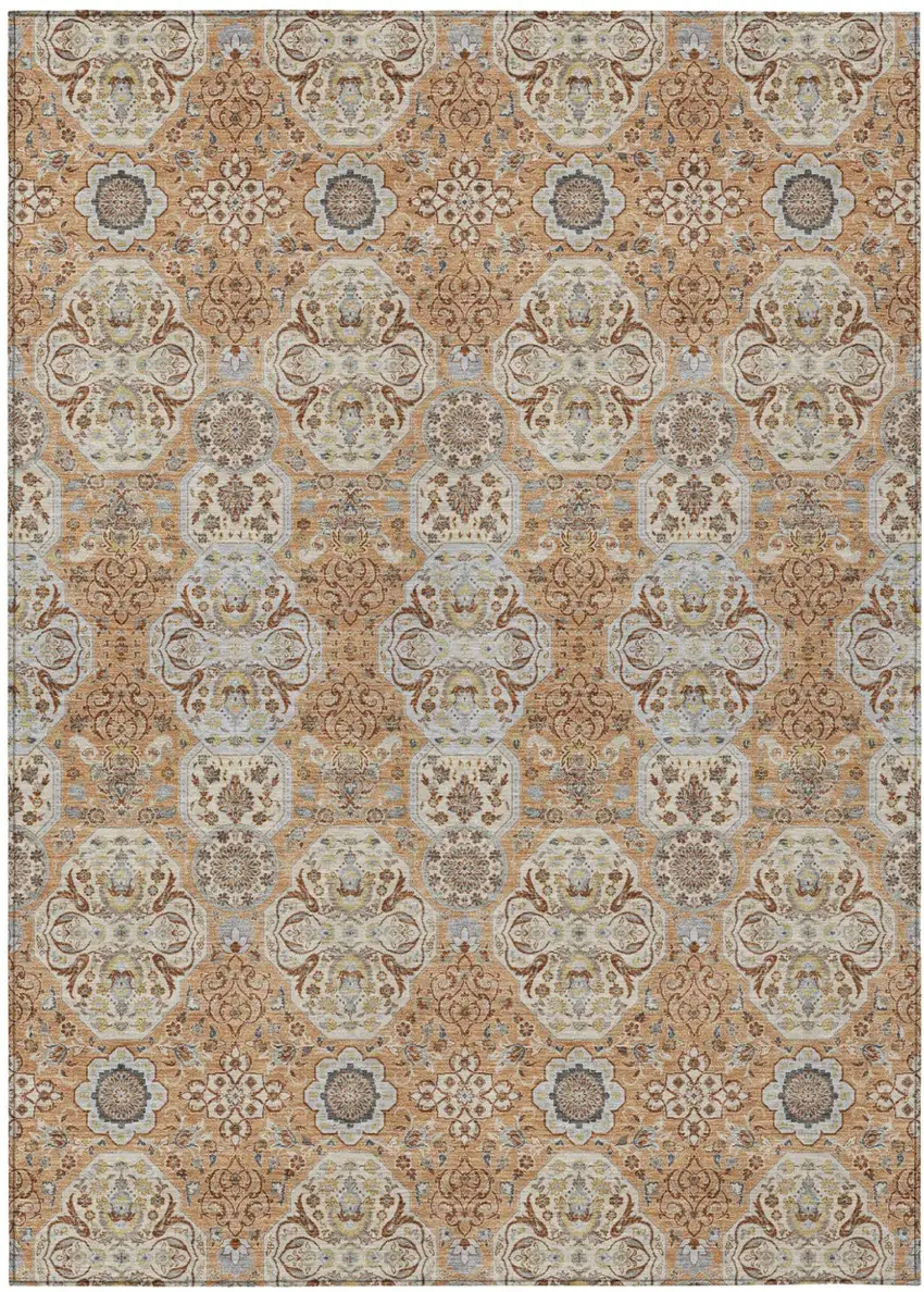 Copper And Gold Floral Washable Indoor Outdoor Area Rug Photo 2