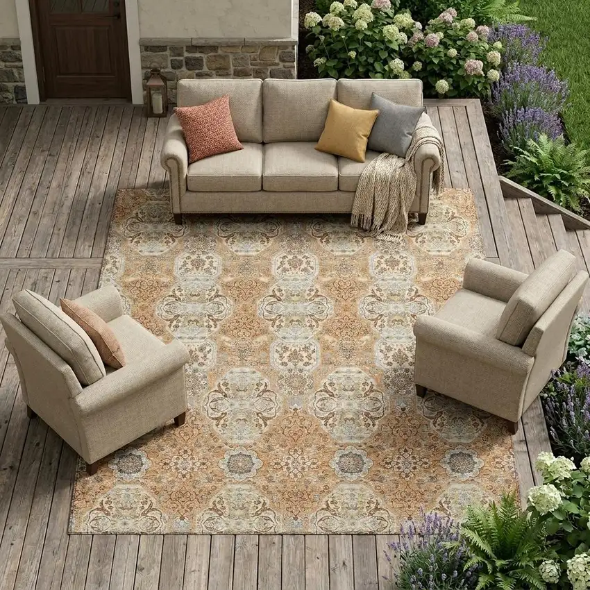 Copper And Gold Floral Washable Indoor Outdoor Area Rug Photo 1