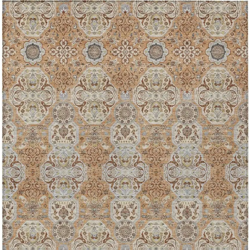 Copper And Gold Floral Washable Indoor Outdoor Area Rug Photo 4
