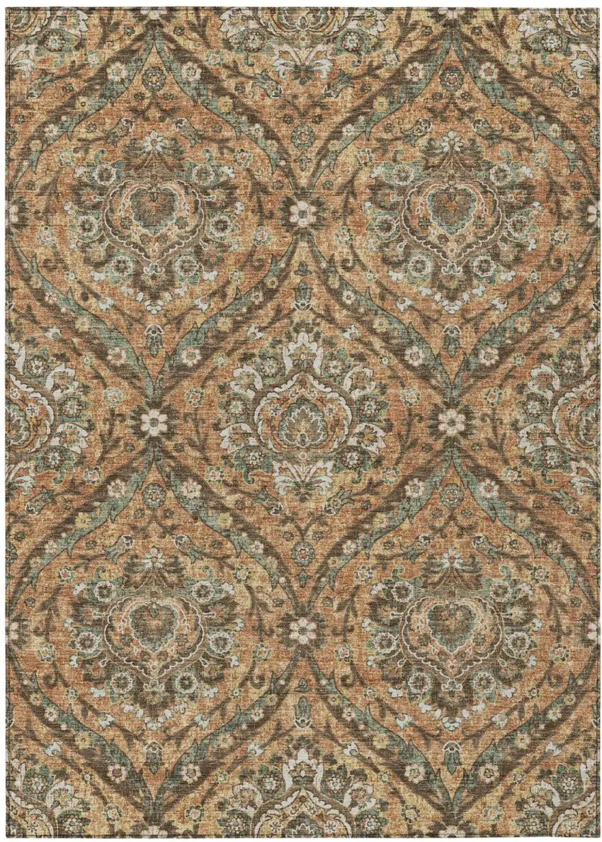 Copper And Gold Floral Washable Indoor Outdoor Area Rug Photo 2
