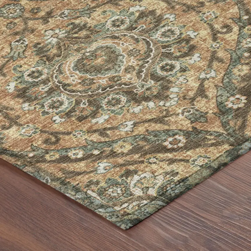Copper And Gold Floral Washable Indoor Outdoor Area Rug Photo 5