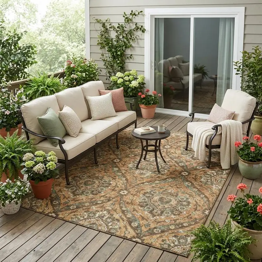 Copper And Gold Floral Washable Indoor Outdoor Area Rug Photo 1