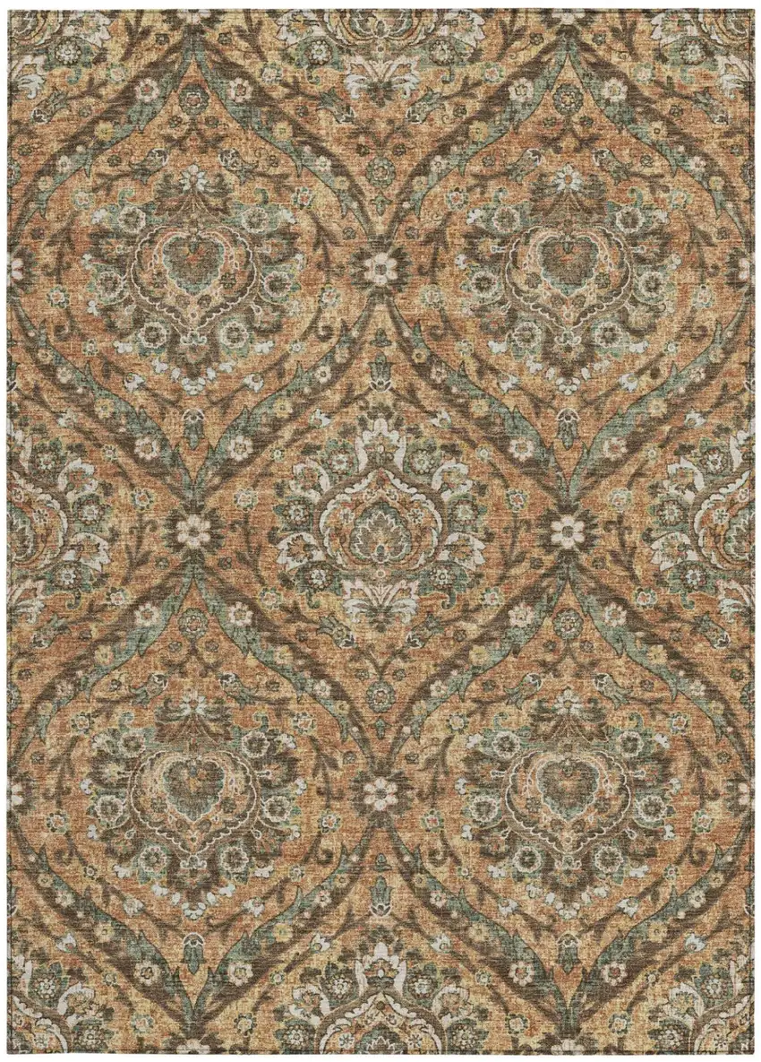Copper And Gold Floral Washable Indoor Outdoor Area Rug Photo 4