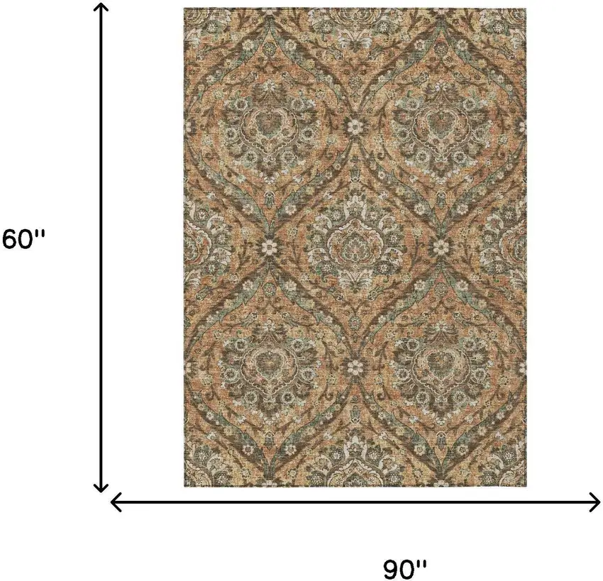Copper And Gold Floral Washable Indoor Outdoor Area Rug Photo 7