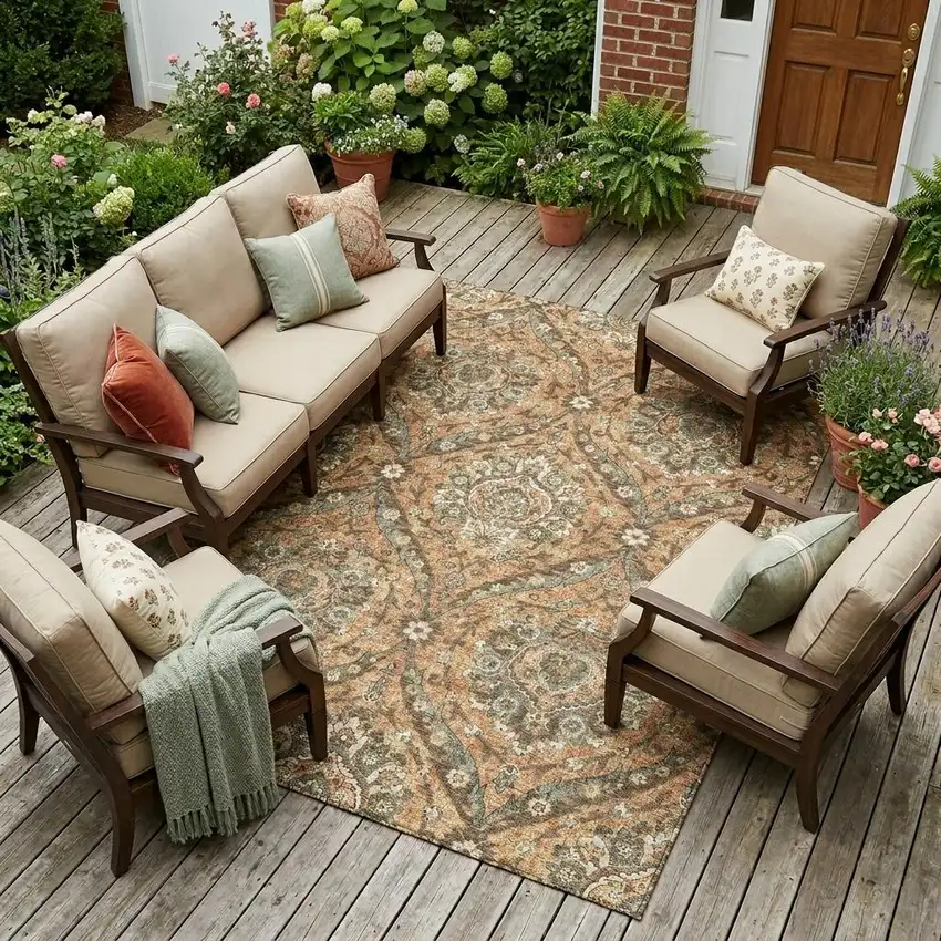 Copper And Gold Floral Washable Indoor Outdoor Area Rug Photo 1