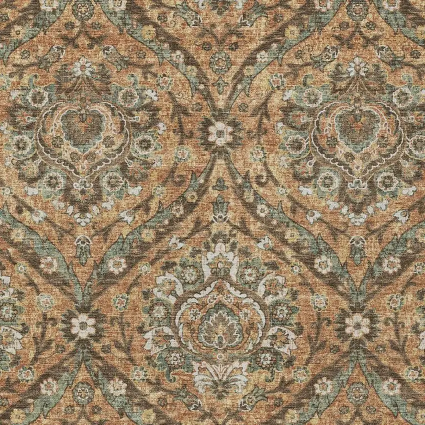 Copper And Gold Floral Washable Indoor Outdoor Area Rug Photo 3