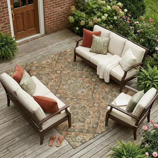 Copper And Gold Floral Washable Indoor Outdoor Area Rug Photo 1