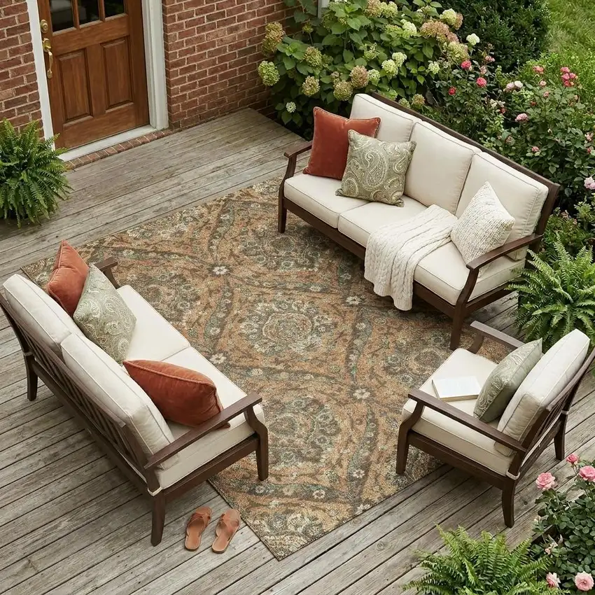 Copper And Gold Floral Washable Indoor Outdoor Area Rug Photo 1