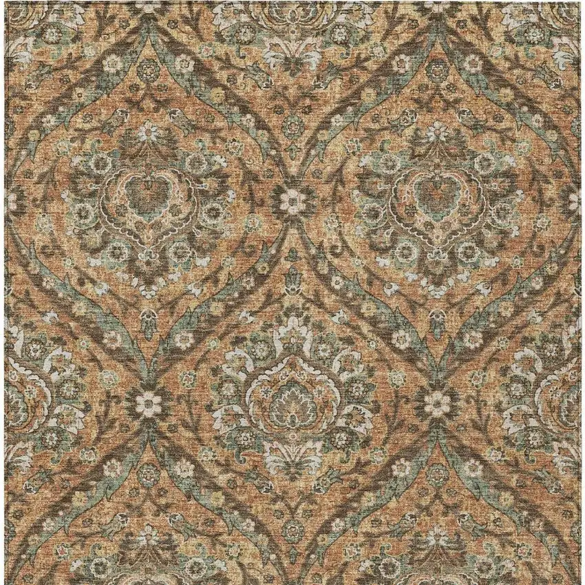 Copper And Gold Floral Washable Indoor Outdoor Area Rug Photo 4