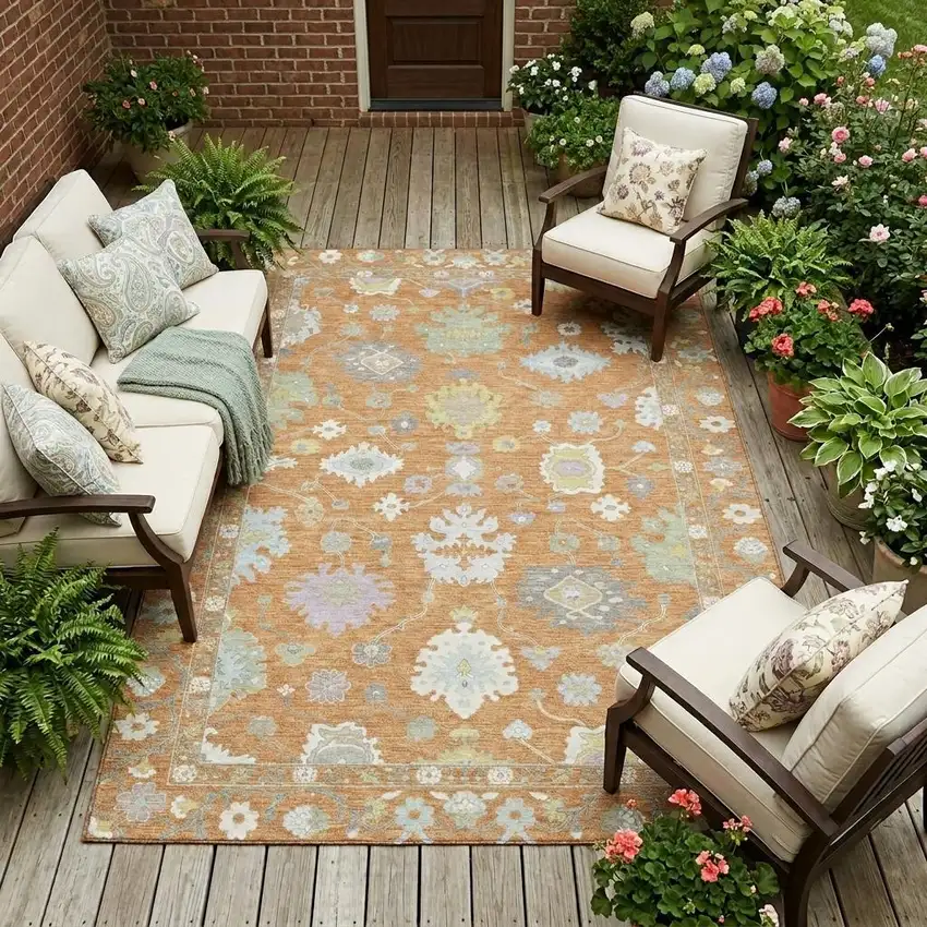 Copper And Gold Oriental Washable Indoor Outdoor Area Rug Photo 1