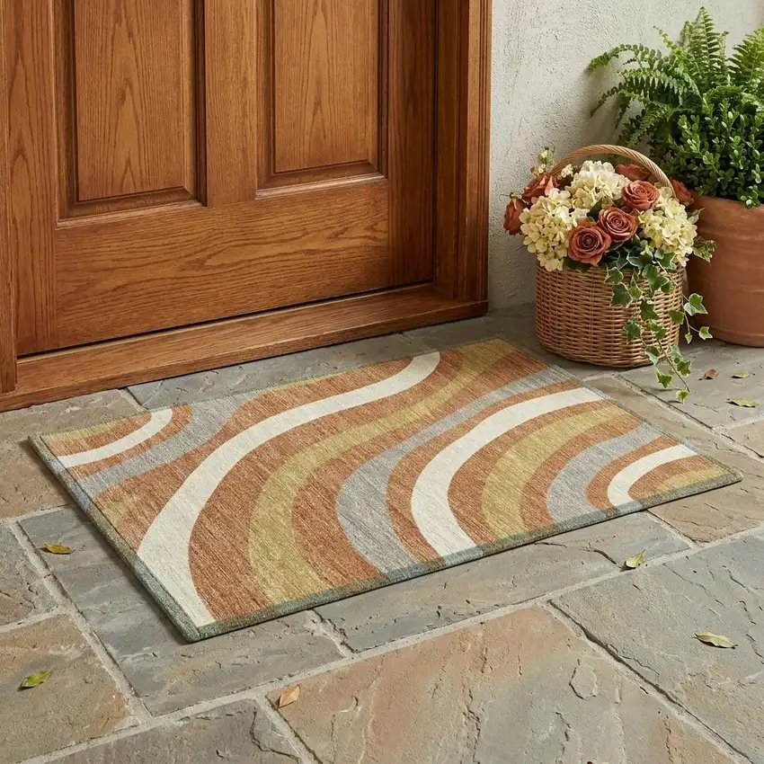 Copper And Gold Striped Washable Indoor Outdoor Area Rug Photo 1