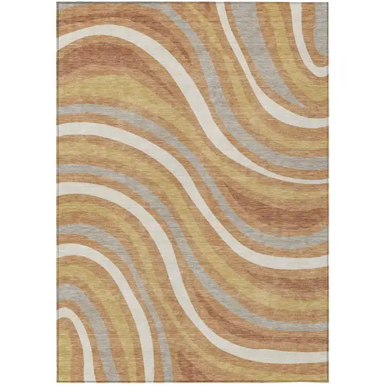 Copper And Gold Striped Washable Indoor Outdoor Area Rug Photo 2