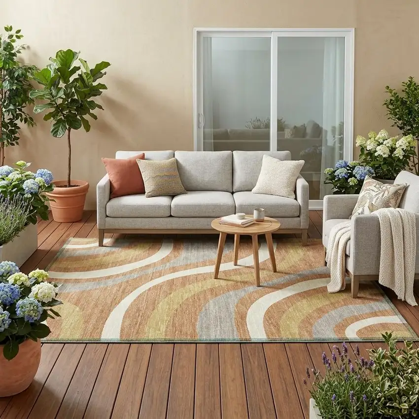 Copper And Gold Striped Washable Indoor Outdoor Area Rug Photo 1