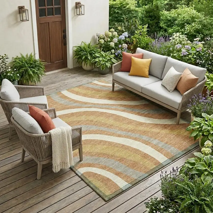 Copper And Gold Striped Washable Indoor Outdoor Area Rug Photo 1