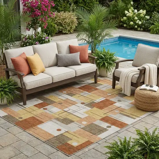 Copper And Graphite Geometric Washable Indoor Outdoor Area Rug Photo 1