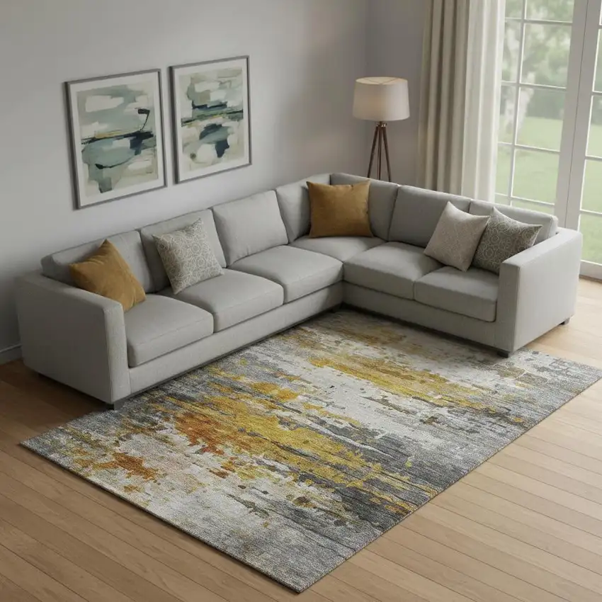 Copper And Gray Abstract Washable Area Rug With UV Protection Photo 2