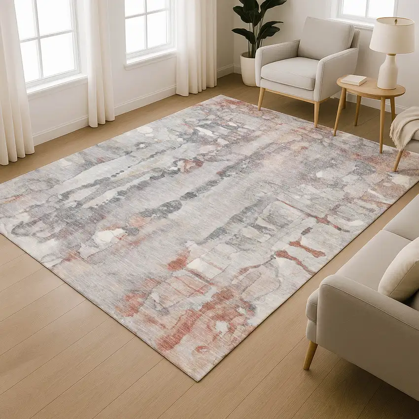 Copper And Gray Abstract Washable Area Rug With UV Protection Photo 5