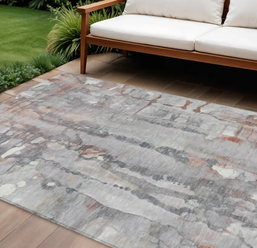 Copper And Gray Abstract Washable Indoor Outdoor Area Rug Photo 1