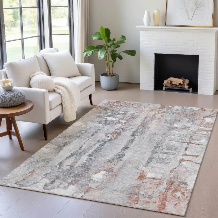 Copper And Gray Abstract Washable Indoor Outdoor Area Rug Photo 6