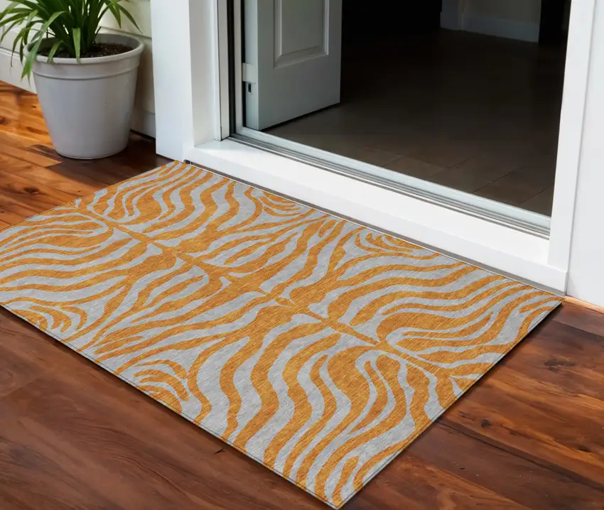 Copper And Gray Animal Print Washable Indoor Outdoor Area Rug Photo 1