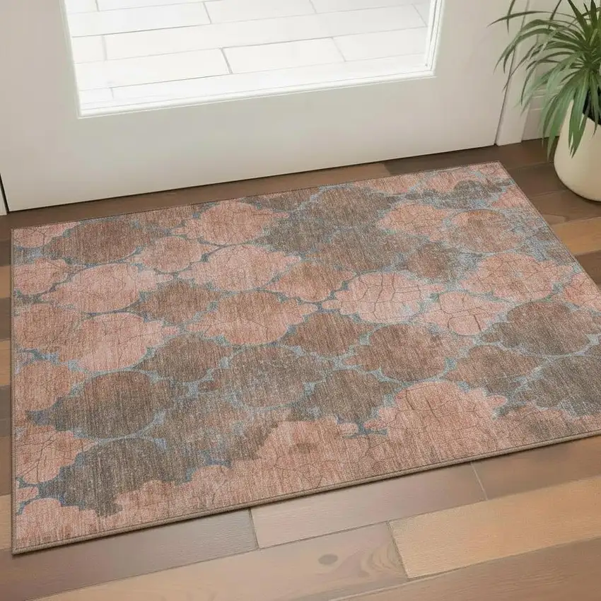 Copper And Gray Damask Washable Area Rug With UV Protection Photo 2