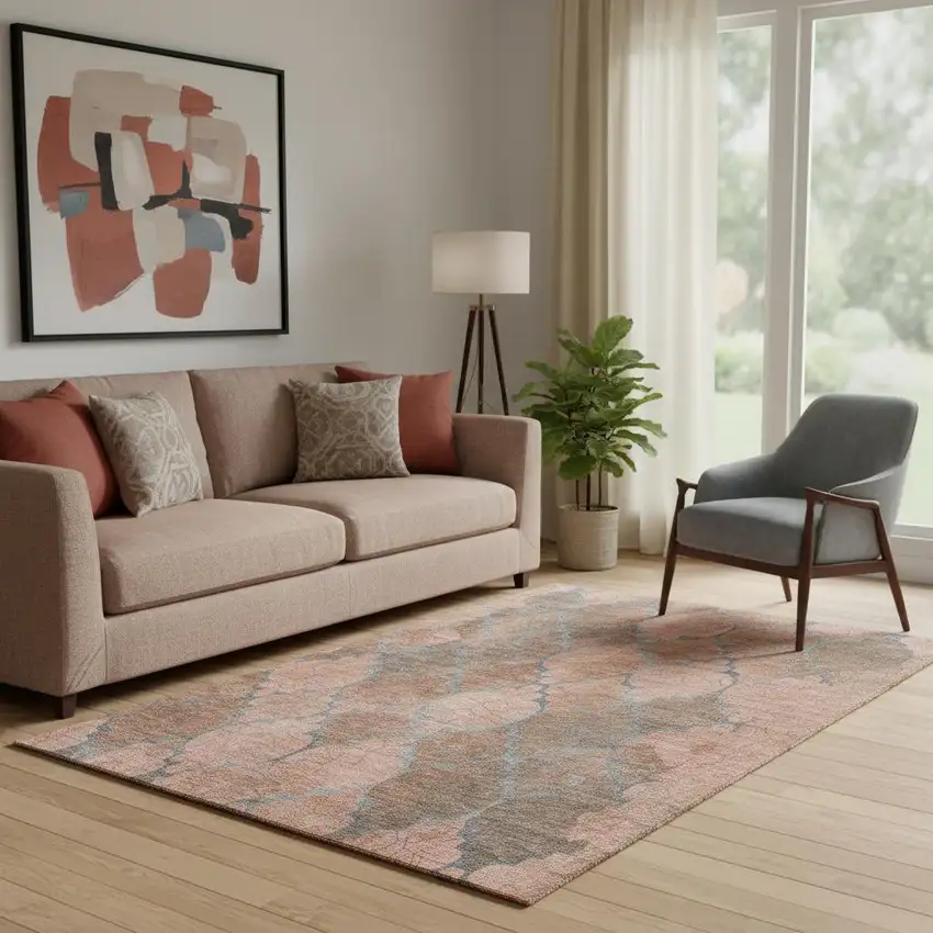 Copper And Gray Damask Washable Area Rug With UV Protection Photo 2