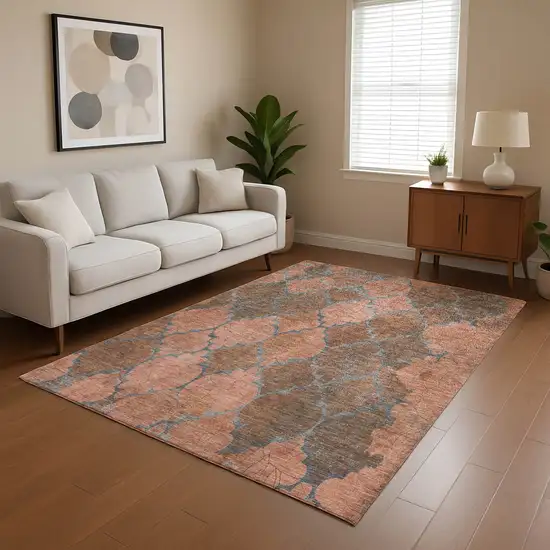 Copper And Gray Damask Washable Area Rug With UV Protection Photo 4