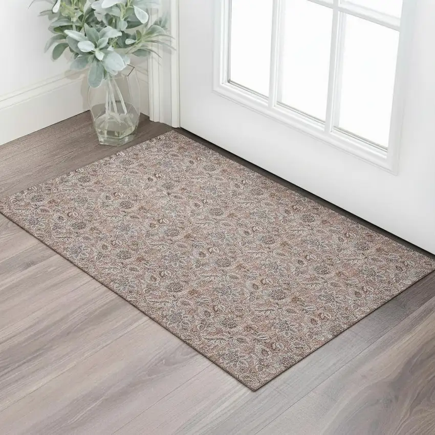 Copper And Gray Floral Washable Area Rug With UV Protection Photo 1