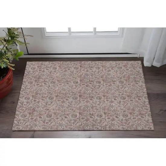 Copper And Gray Floral Washable Area Rug With UV Protection Photo 2