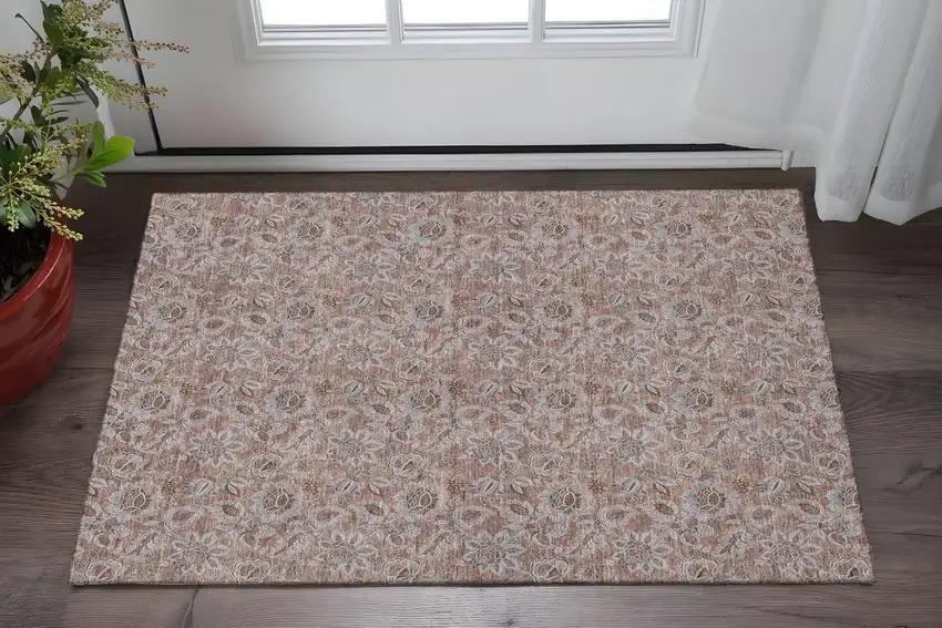Copper And Gray Floral Washable Area Rug With UV Protection Photo 2