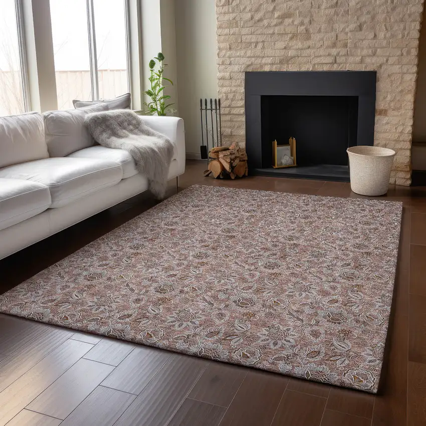 Copper And Gray Floral Washable Area Rug With UV Protection Photo 4