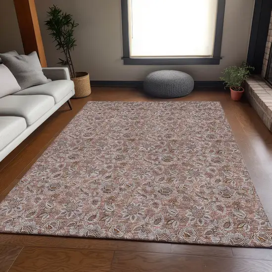 Copper And Gray Floral Washable Area Rug With UV Protection Photo 5