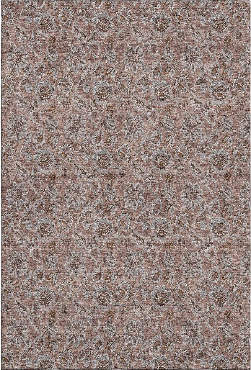 Copper And Gray Floral Washable Area Rug With UV Protection Photo 2